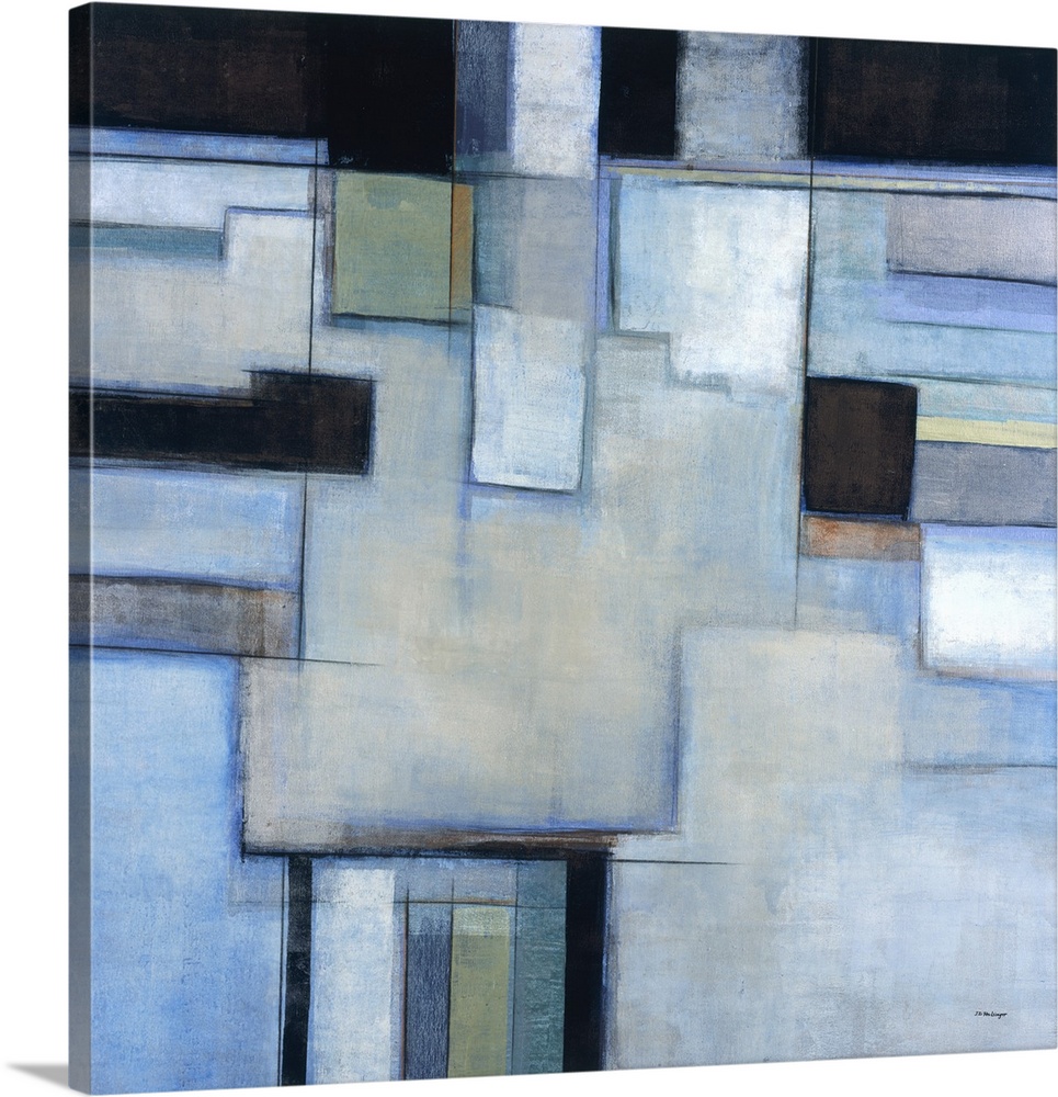 A square abstract painting with square shapes in shades of blue.