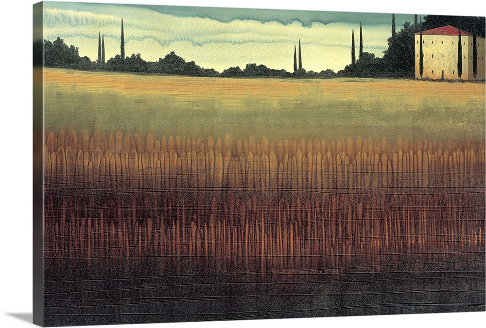 Contemporary painting of an idyllic Tuscan landscape of golden fields.