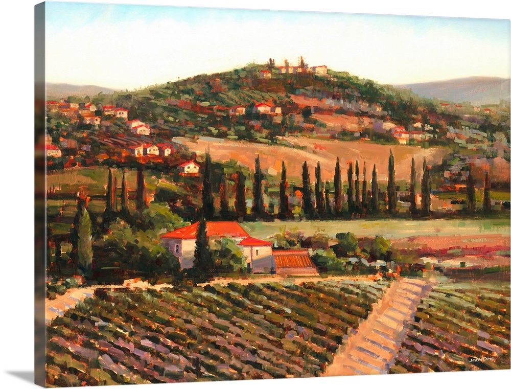 Contemporary painting of a Tuscan landscape at sunset with vineyards and a village made with warm tones.