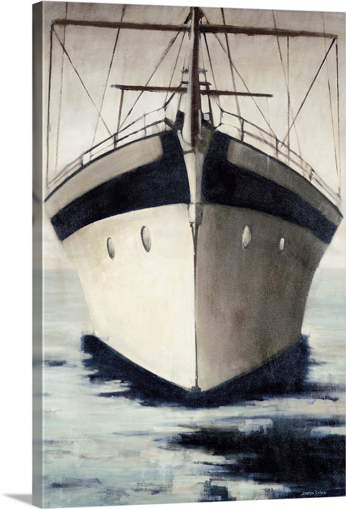 Painting of the bow of a large sailboat on the water.