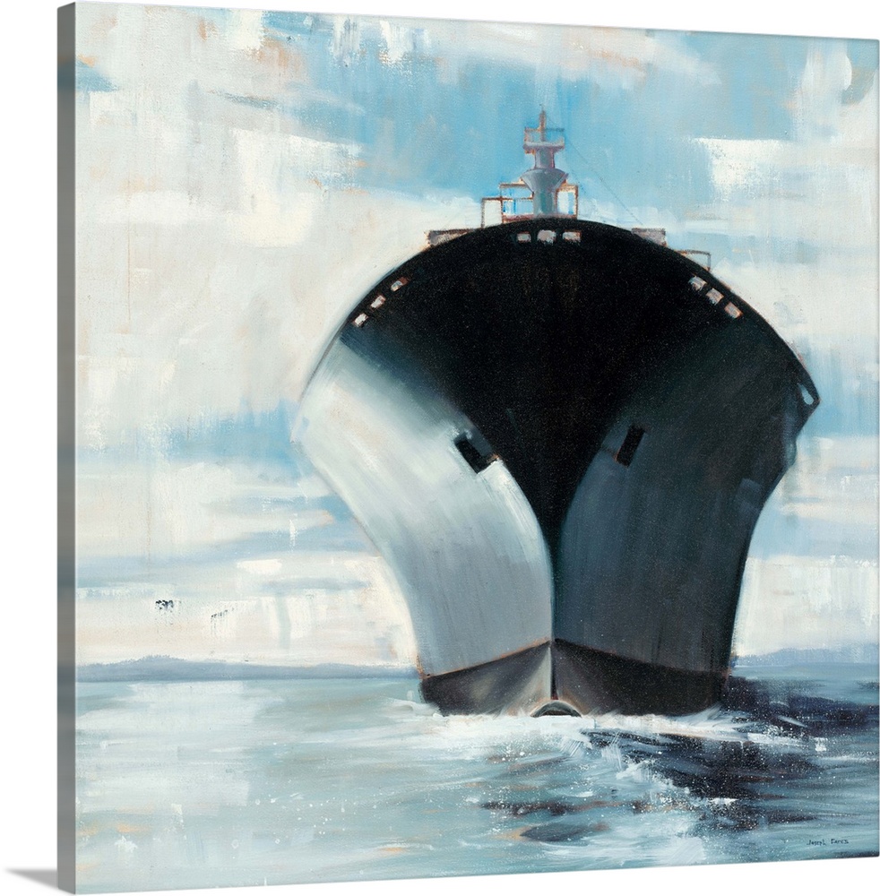 Square painting of a large ship in the middle of the ocean.