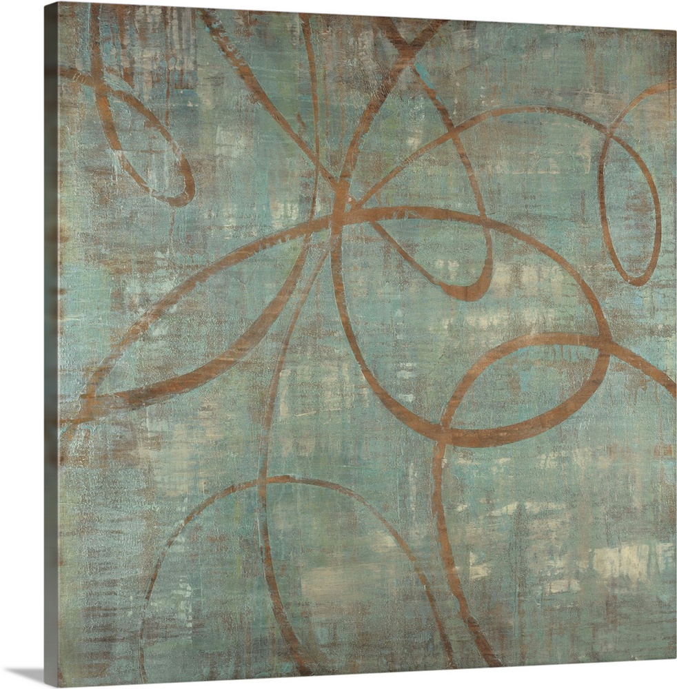 Big abstract painting of lines curving on top of a grungy textured background.