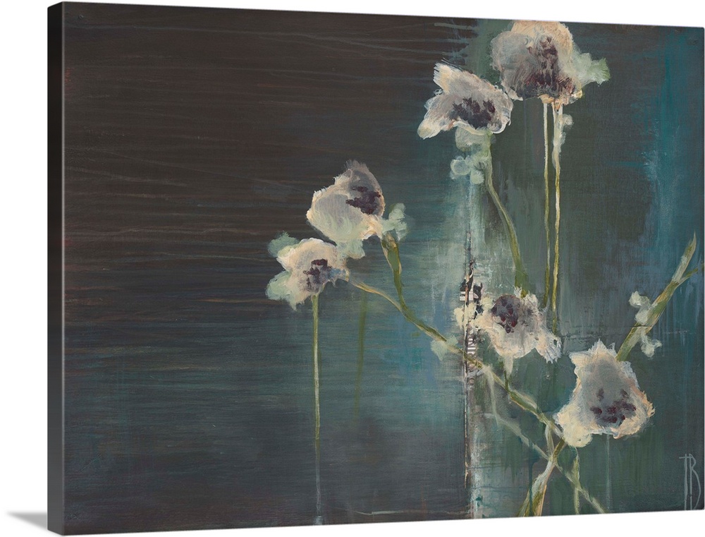Contemporary painting of white flowers dripping against a deep blue background.