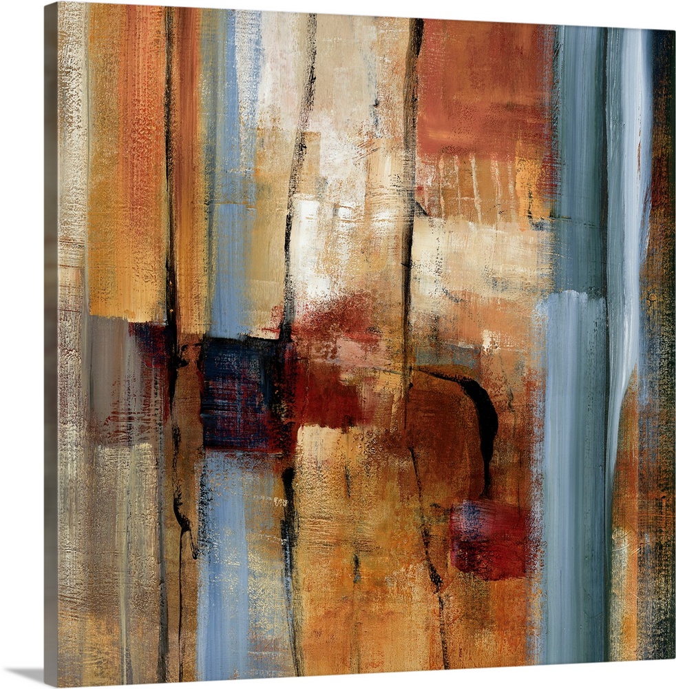 This wall art is an abstract square painting of slates of brush strokes and paint textures.