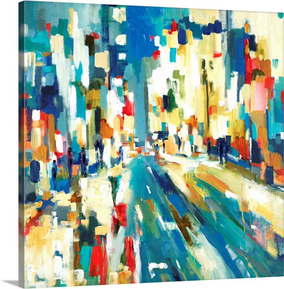 Abstract cityscape painting with urban buildings created with vertical brushstrokes in various colors layered together.