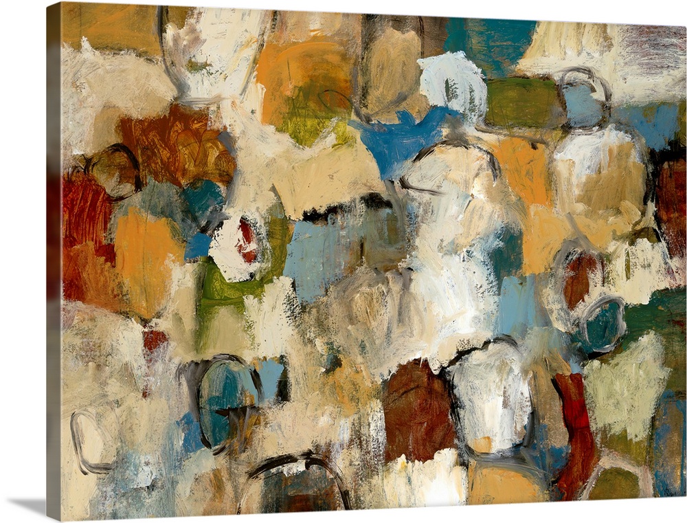 Big abstract art incorporates variously sized patches of different earth tones layered on top and next to each other.  All...