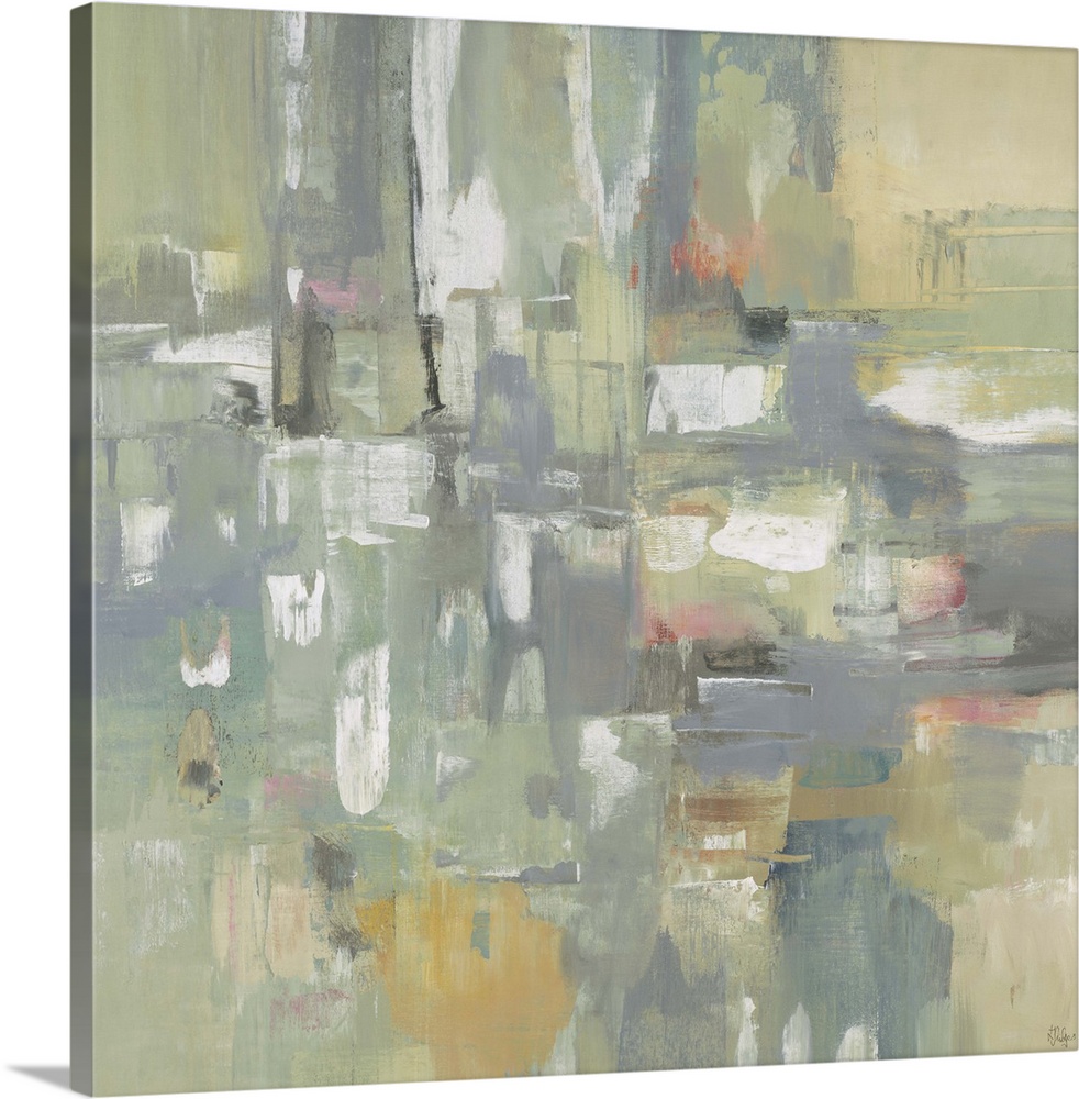 Contemporary abstract painting of pale muted green geometric shapes colliding together.