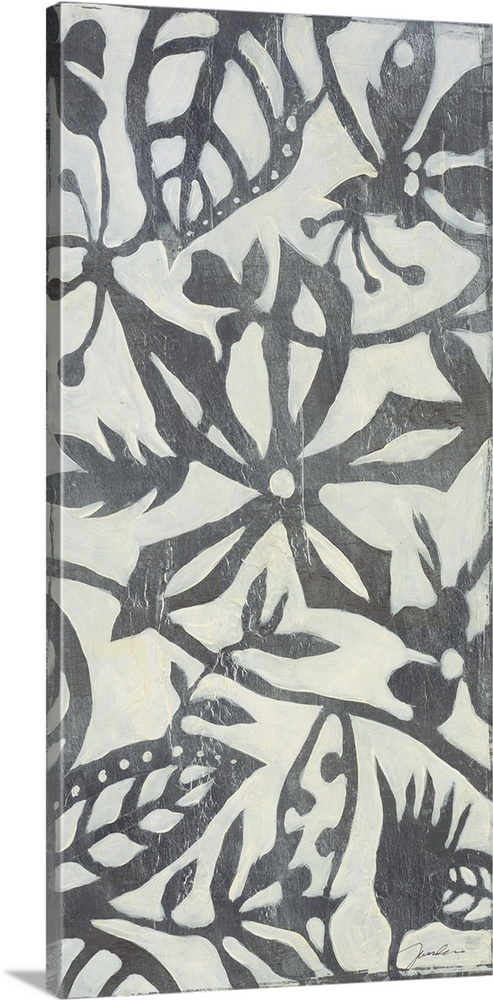 A long vertical design of a metallic silver and white floral pattern.