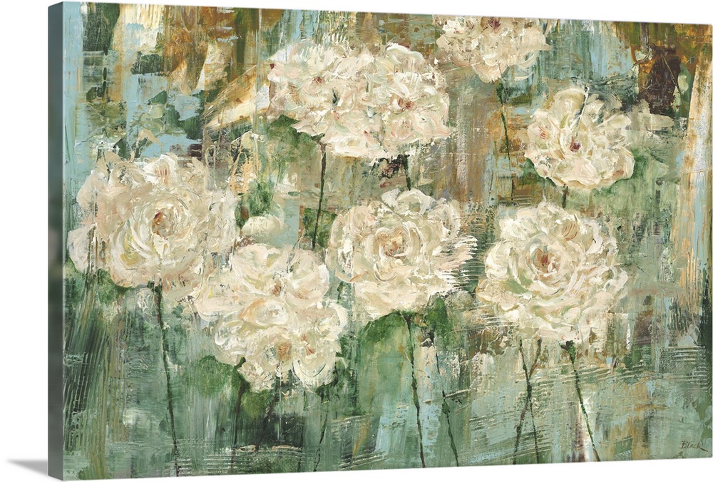 Contemporary painting of white flowers against a teal green background.
