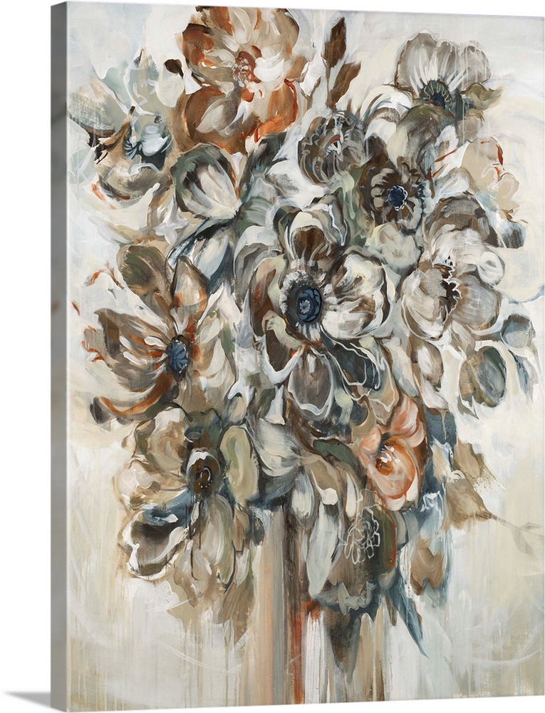 Abstract painting of a bouquet of flowers in a vase made with neutral colors and pops of orange.