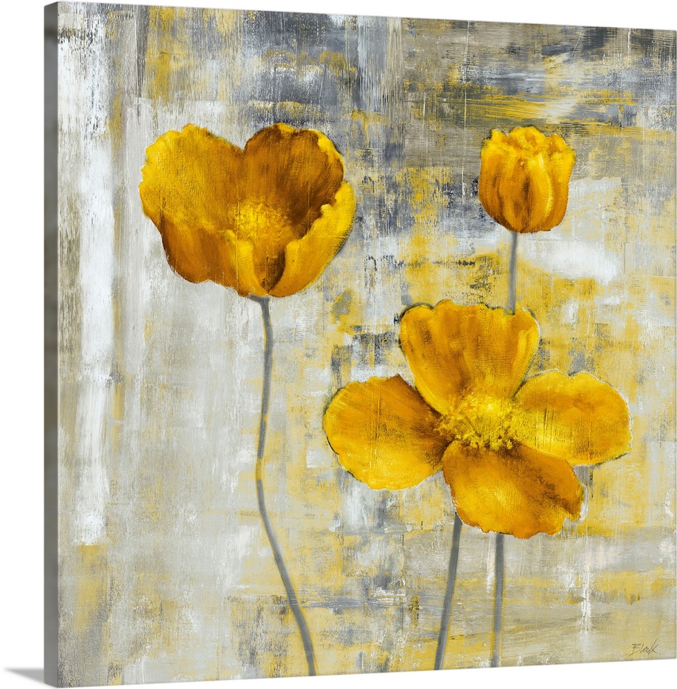 Square, large wall art docor of three yellow flowers with stems on a sponge like textured, grey and yellow background.