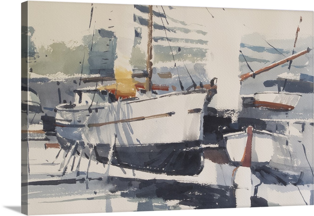 Soft watercolor brush strokes with pops of red create a scene of yachts and boats in an imaginary dry dock.