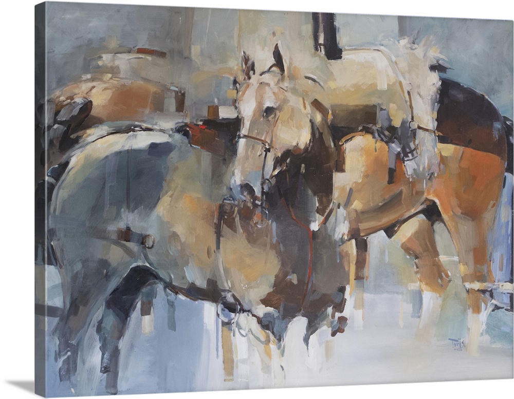 This contemporary artwork features a quiet moment of horses after battle using a complementary palette and impressionistic...