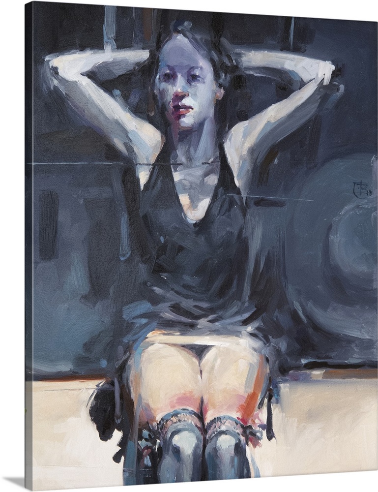 Moody blues and thick brush strokes illustrate a melancholy figure wearing an old-fashioned swimsuit in this contemporary ...