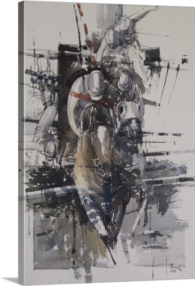 This contemporary artwork uses energetic watercolor brush strokes to illustrate the intensity of a race.