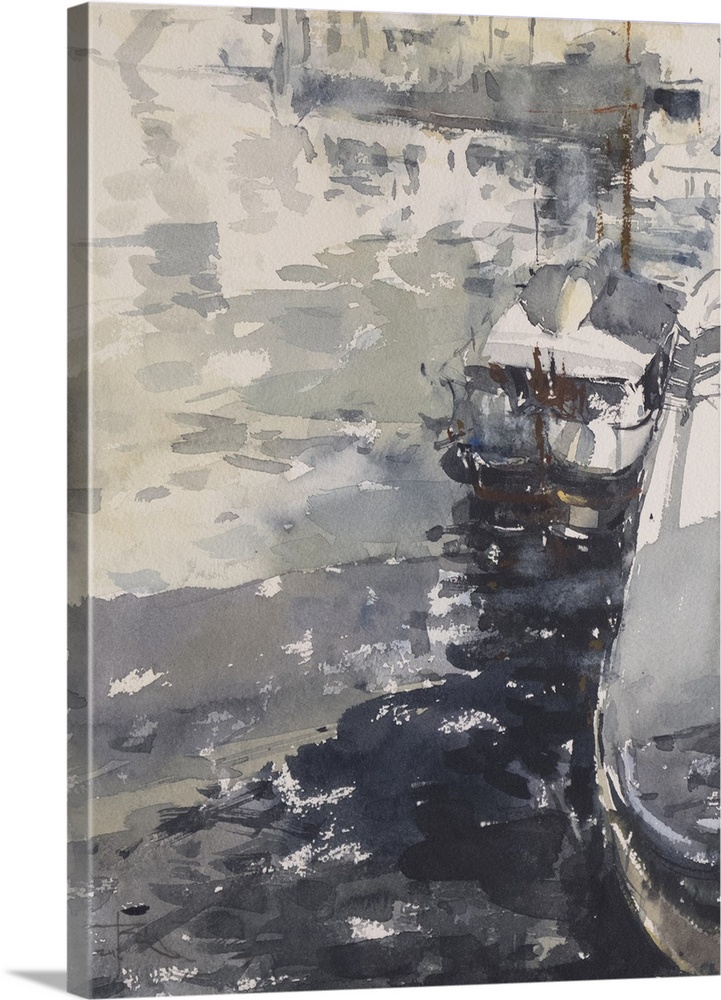 This contemporary artwork features dry watercolor brush strokes and heavy shadows to create a solemn sailboat docked in a ...