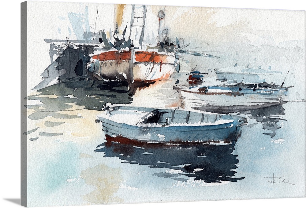 This pensive artwork of small fishing boats in a harbor features earthy tones and static brush strokes.