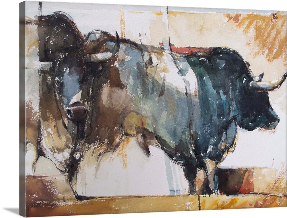 This contemporary artwork features two bulls in motion using a complementary palette and impressionistic brush strokes.