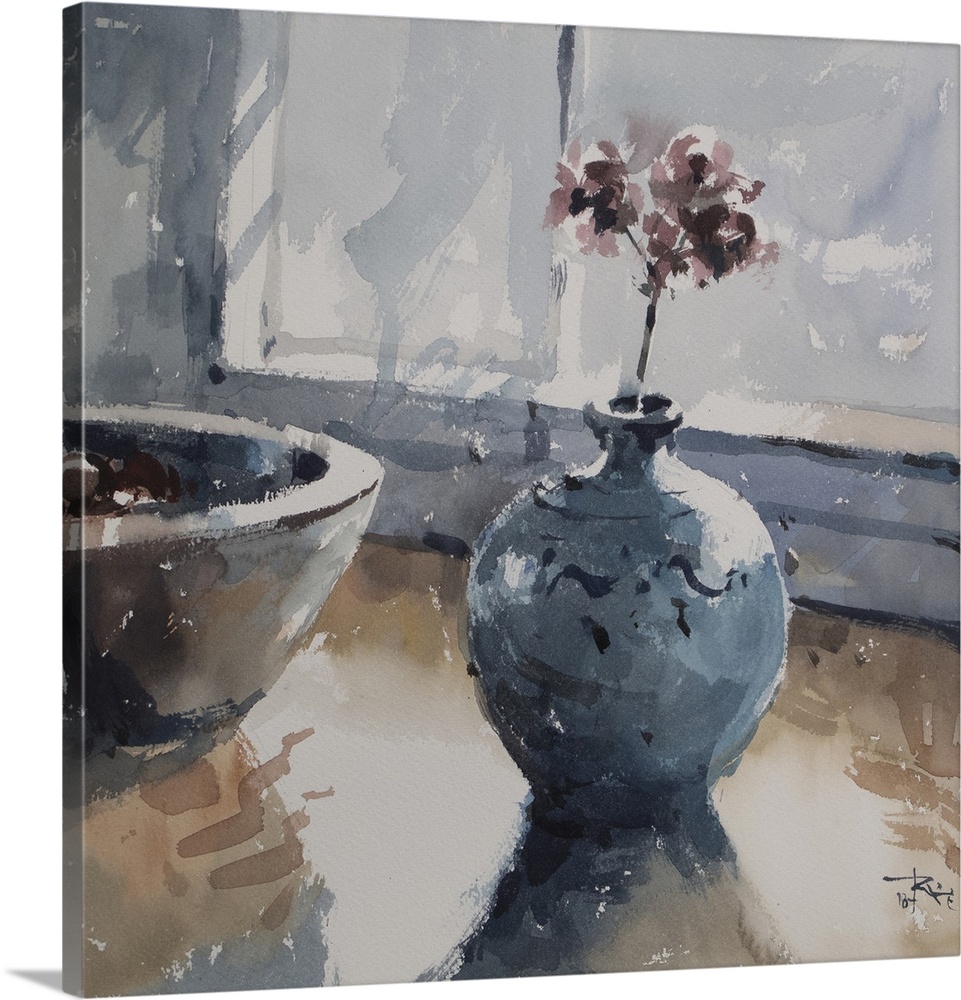 A soft blue decorative vase sits restfully on a table in this contemporary artwork.