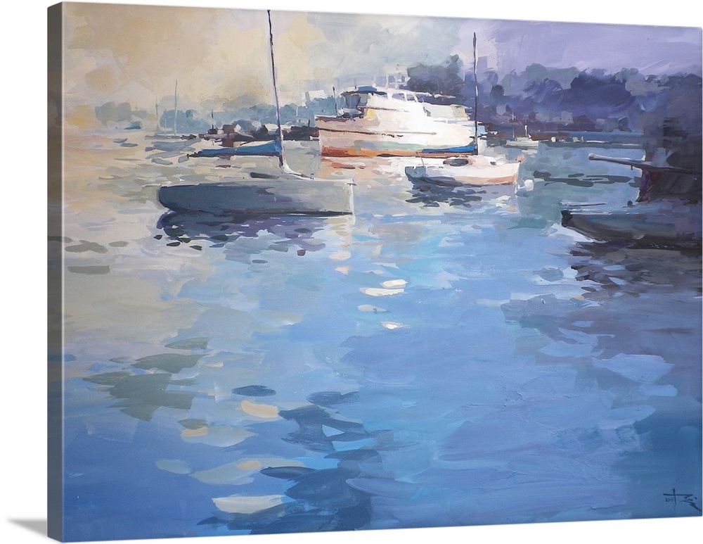 This contemporary artwork uses stylized shapes to depict a large body of water in the foreground with boats and a distant ...