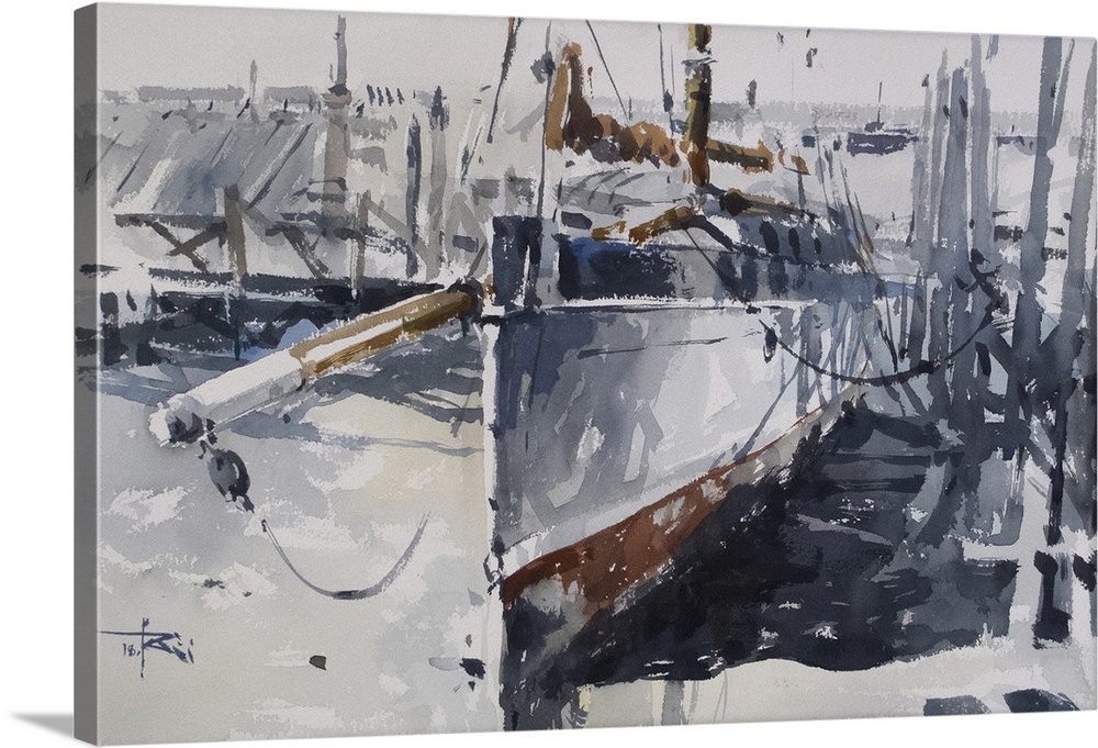 Gestural brush strokes of muted watercolors create a sailboat in a dry dock.