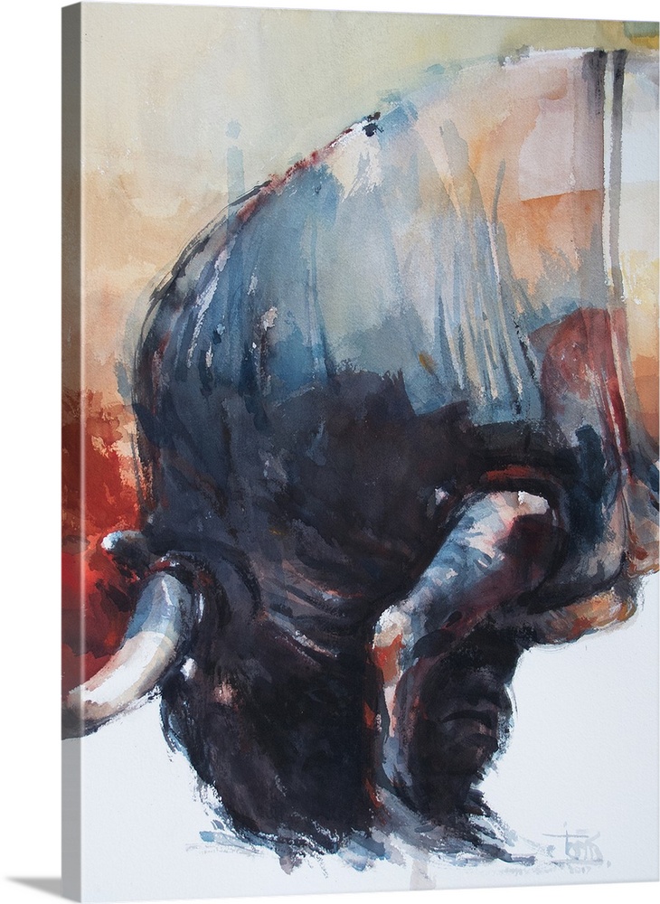 This contemporary artwork is the first half of a watercolor diptych of a falling bull.