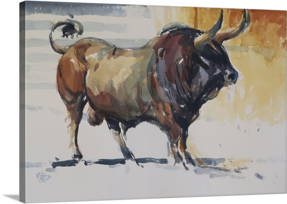 This contemporary artwork illustrates the strength of a bull using impressionistic brush strokes in warm shades of color.