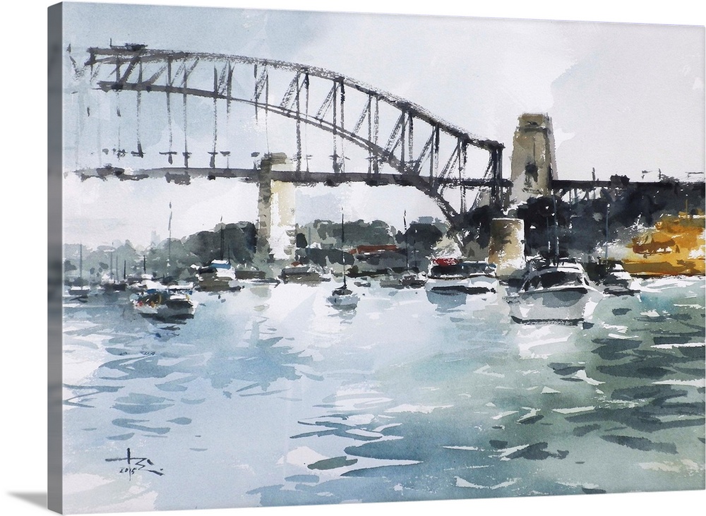 This contemporary artwork uses moody grays and rustling watercolor brush strokes to illustrate a ship near Sydney Harbor B...