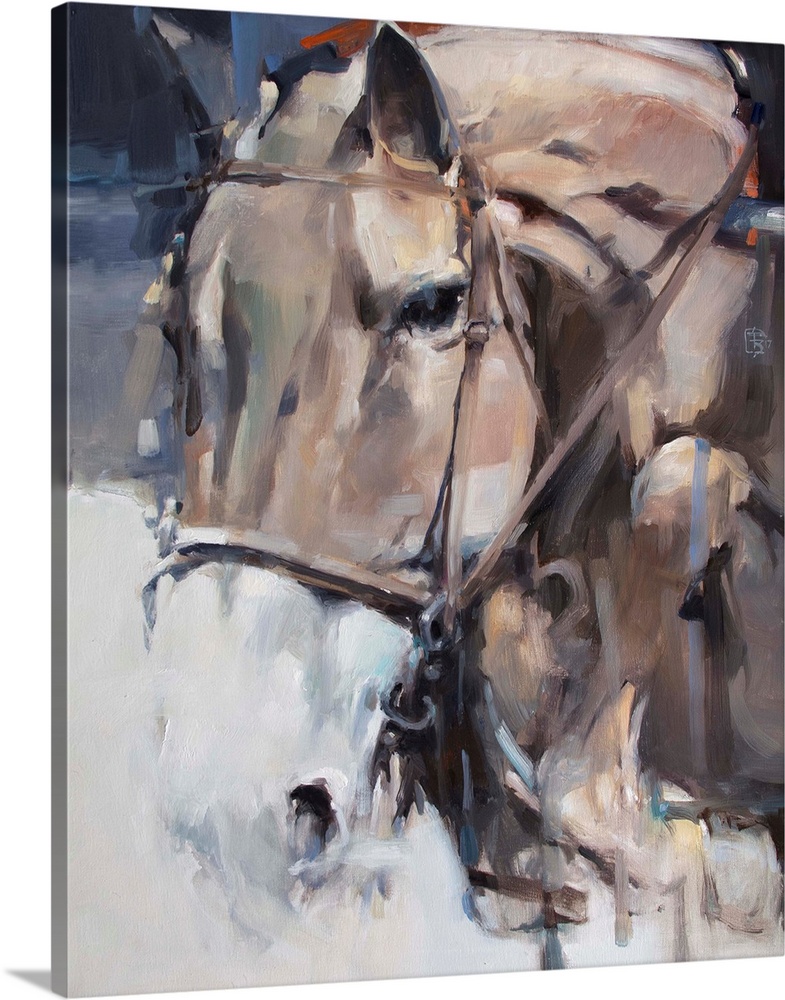 This contemporary artwork features soft brush strokes to illustrate tension and movement of a horse.