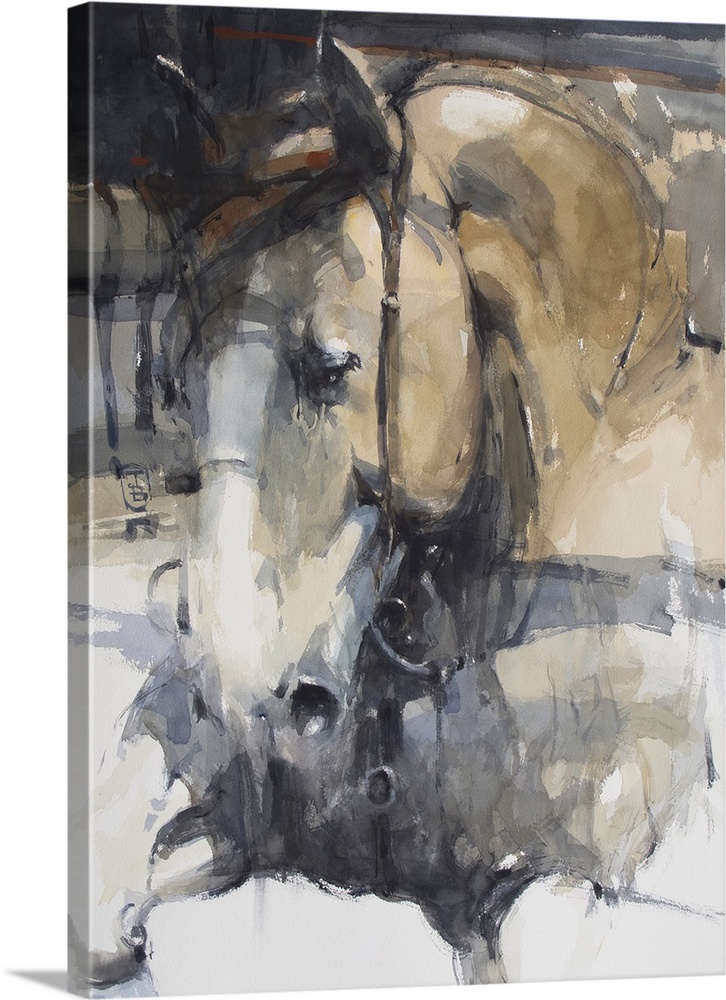 This contemporary artwork features soft brush strokes to illustrate a close up of a horse.