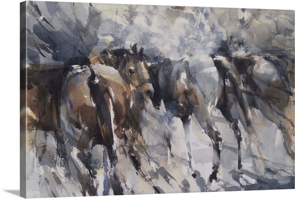 Full of energy and motion, this contemporary artwork reflects the movement of wild horses by using dynamic brush strokes.