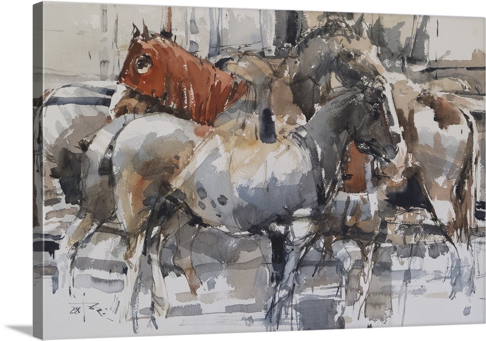 This contemporary artwork features a quiet moment of horses using earthy colors and impressionistic brush strokes.