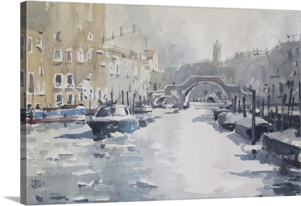 Soft watercolor brush strokes with pops of blue create a water landscape of the Three Arches Bridge in Venice on a cold wi...