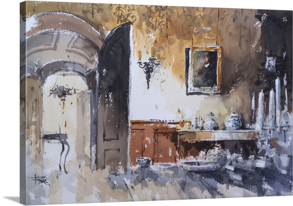 This contemporary artwork features dry watercolor brush stokes to illustrate an interior view that is a mixture of realism...