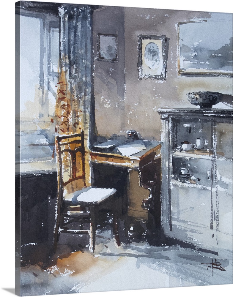 This contemporary artwork features dry watercolor brush stokes to illustrate an antique office space.