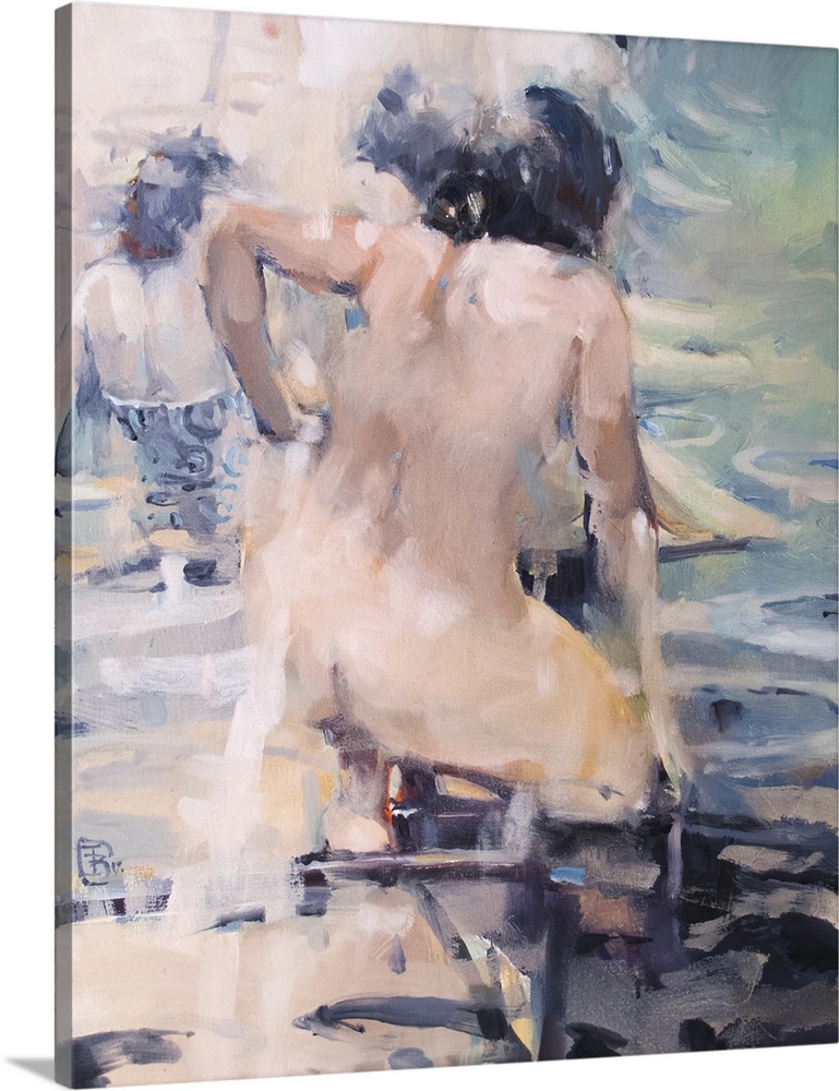 A contemporary portrait of an Italian bather uses impressionistic brush strokes in cool shades of green, blue colors with ...