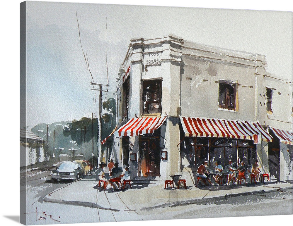 This contemporary artwork is a quick watercolor sketch of a street scene outside of the caf? called "La Republica". Balmor...