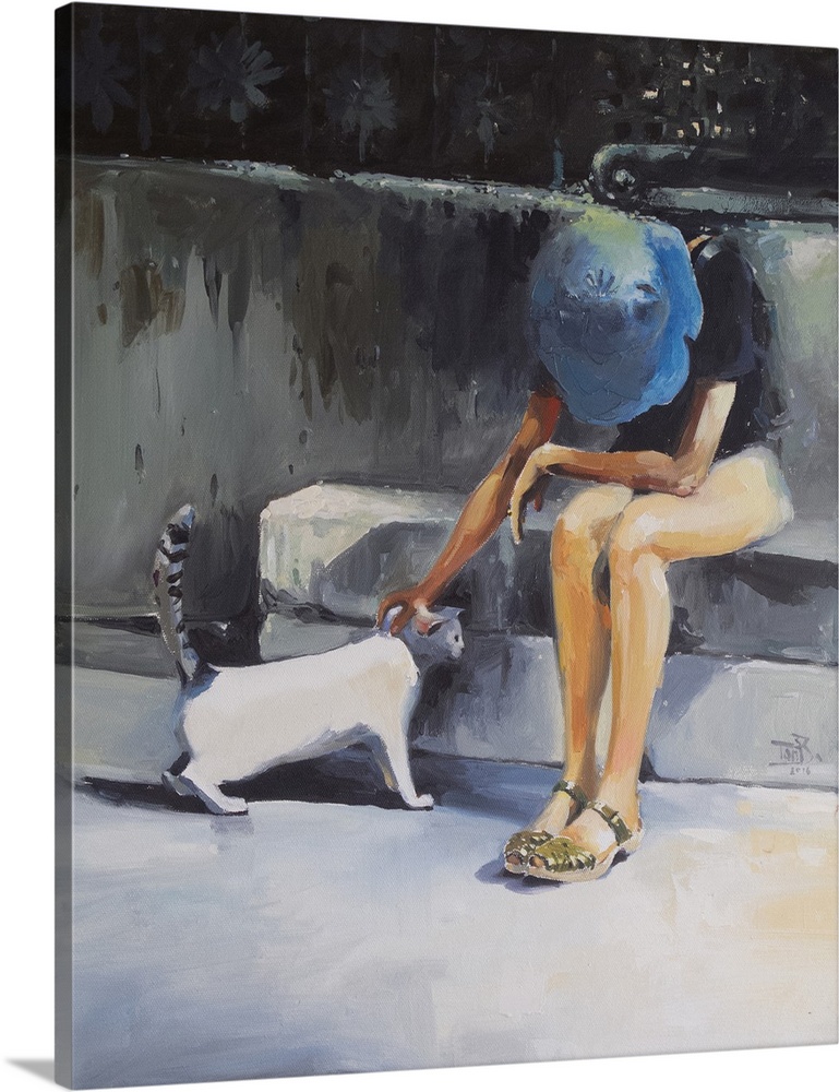 This contemporary artwork features a woman wearing a blue hat petting a cat with bright highlights and a contrasting dark ...