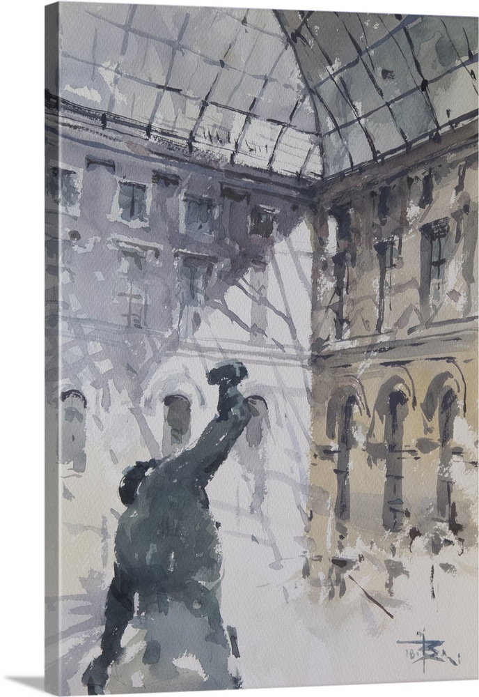 Soft watercolor brush strokes in subdued colors create an interior view from inside the Louvre Museum.