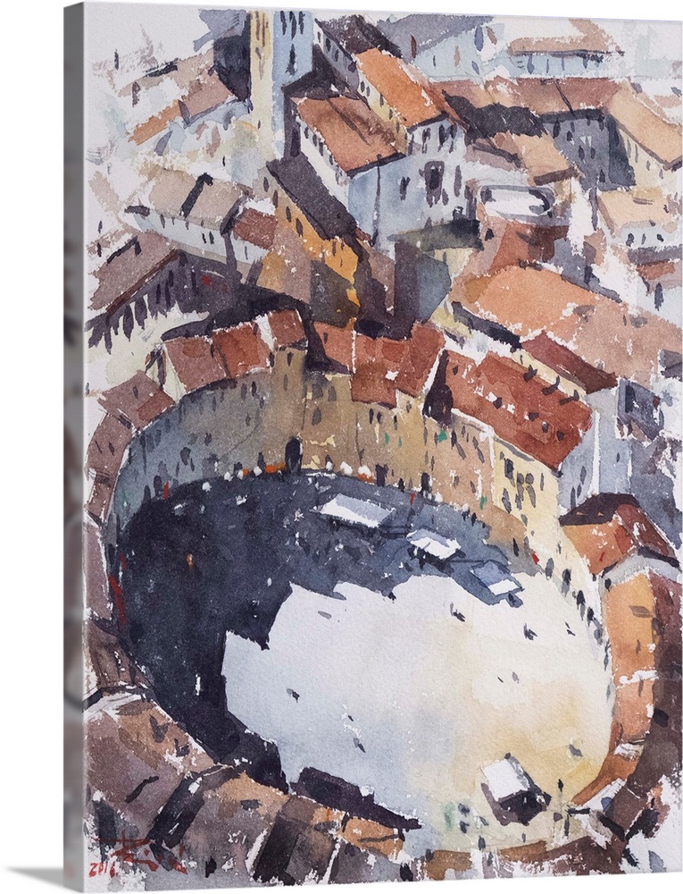 A watercolor artwork of the main square in Lucca, Italy from the tower above the square.