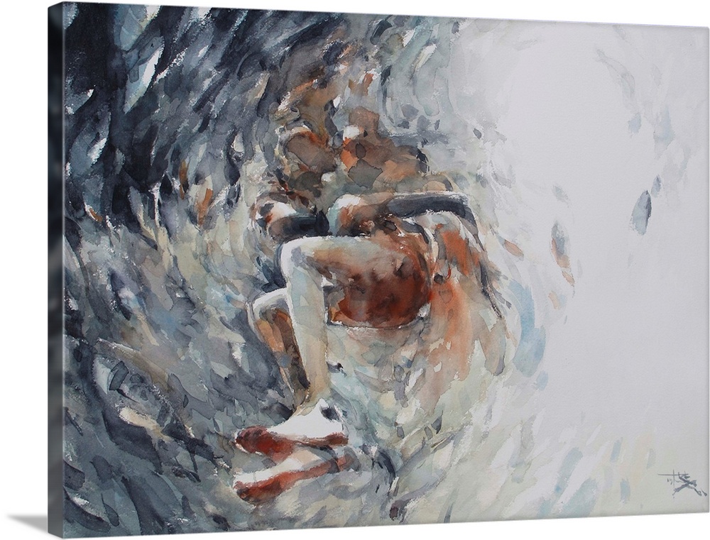 This contemporary artwork features a school of fish in a whirlwind around a swimming figure.
