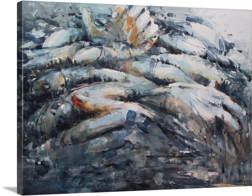 This contemporary artwork illustrates the complex life and relation between fisherman and fish.