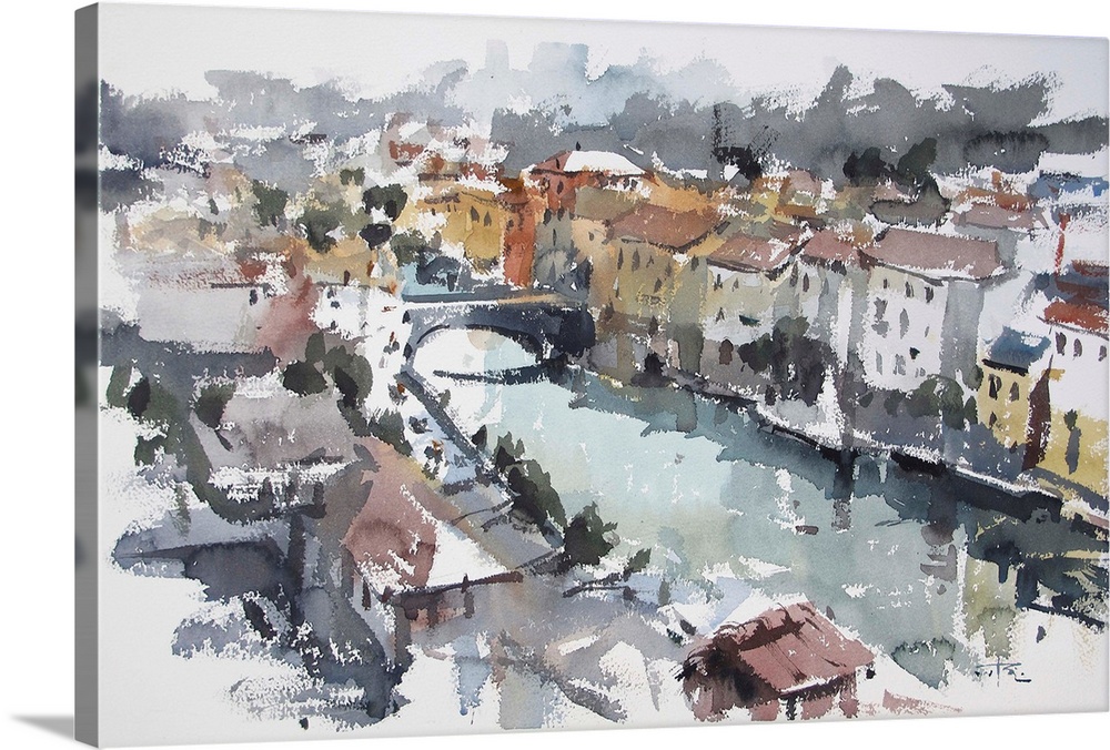 Gestural brush strokes of earthy colors create an elevated view of the small town of Bagni de Lucca, near Lucca, Italy.