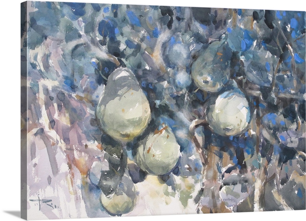 This contemporary artwork features pears hanging in a tree and are shaped from soft greens as well as offset by pops of blue.