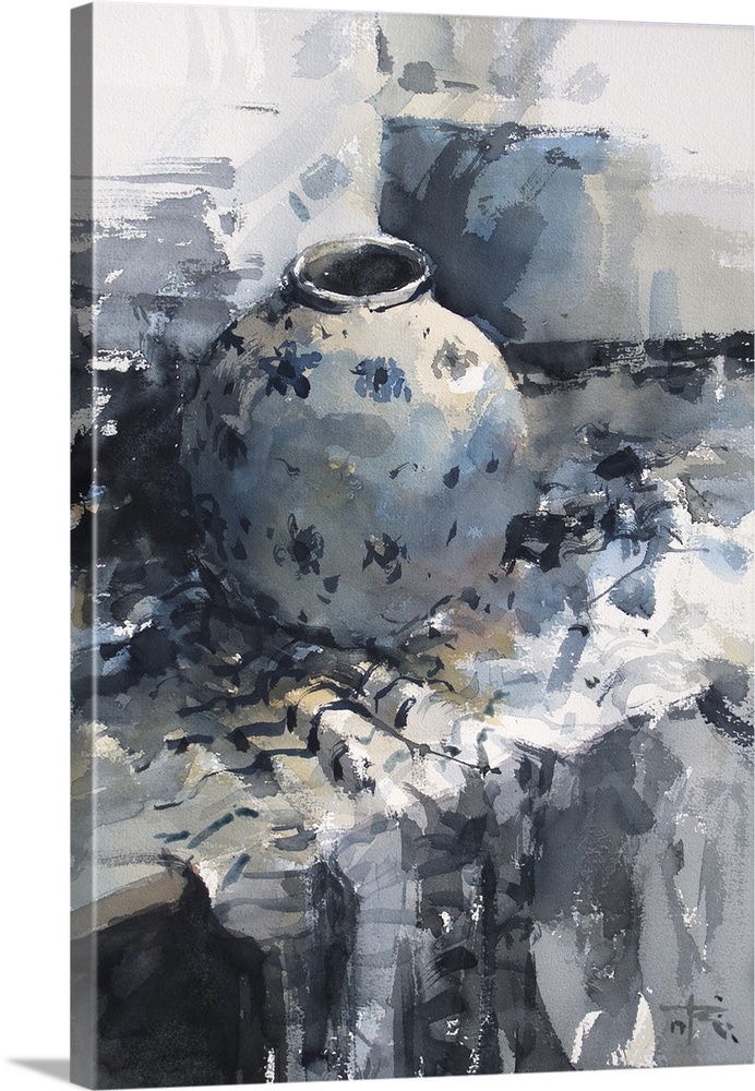 A monochromatic blue vase sits restfully on a table in this contemporary artwork.
