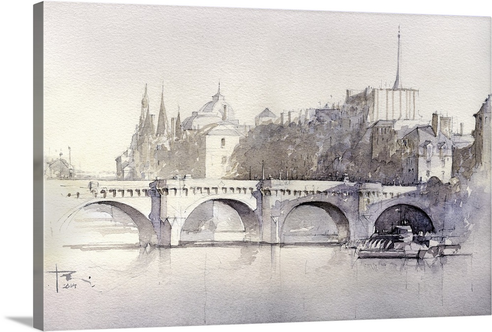 Soft brush strokes of warm watercolors create a hazy moody landscape of the Pont Neuf Bridge.