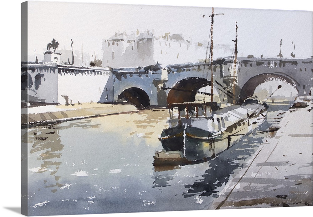 This contemporary artwork uses dry watercolor brush strokes in muted colors to illustrate a barge on river Seine with Pont...