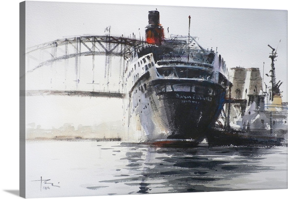 This contemporary artwork features dry watercolor brush strokes and heavy shadows to create Queen Elizabeth 2 liner travel...