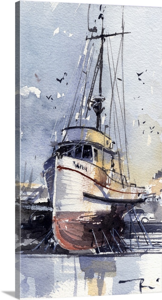 Gestural brush strokes of muted watercolors illustrate a ship on land awaiting repairs.