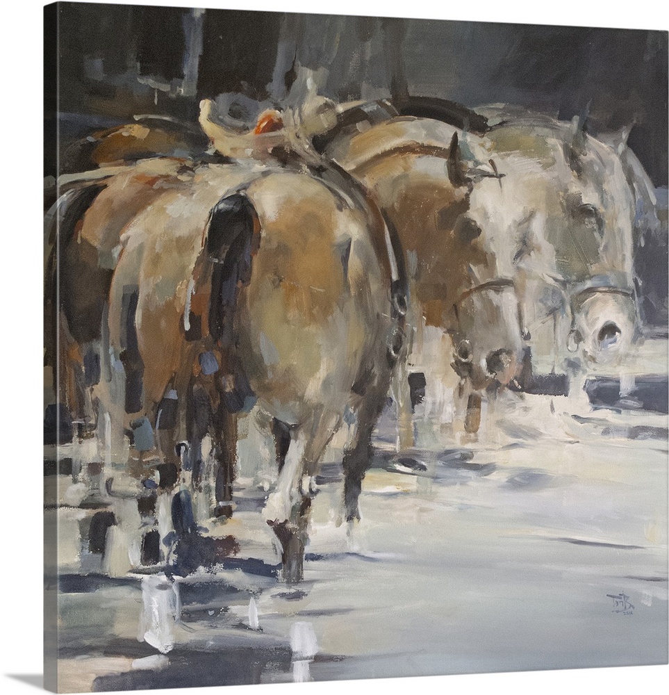 This contemporary artwork showing horses resting in the river using a moody palette and impressionistic brush strokes.